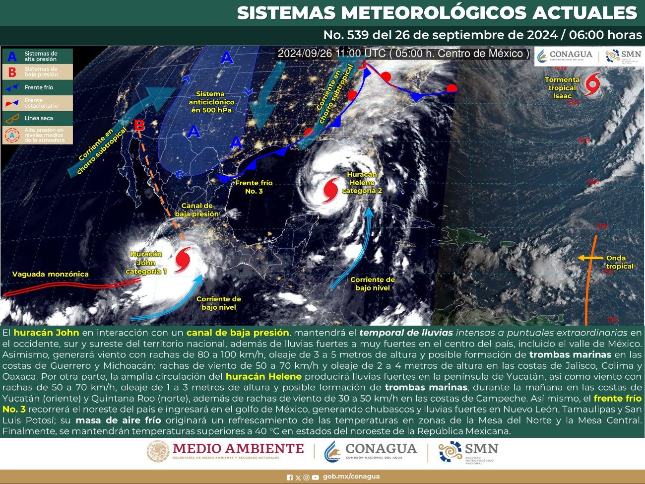 Masa de aire frío y frente frío 3 llegarán a México, acompañan&nbsp;a tormenta “John” 