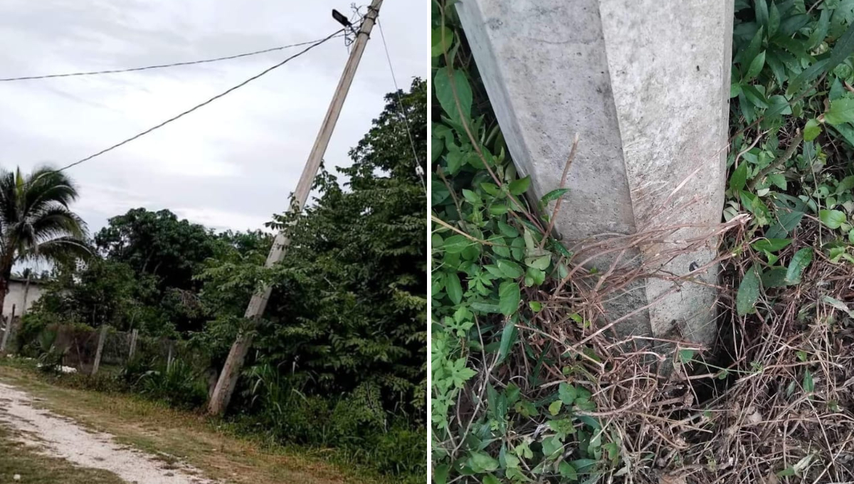 Un poste de concreto de la CFE en Belém, Escárcega, representa un riesgo debido a las lluvias recientes