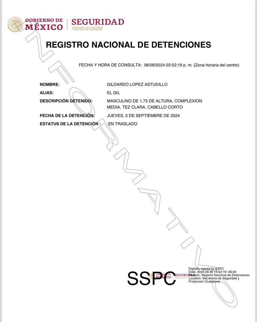 Acta del Registro Nacional de Detenciones que certifica el arresto de 'El Gil'