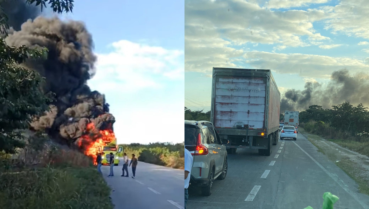 Un tráiler doble remolque que transportaba rejillas de plástico se incendió en la carretera Campeche-Champotón