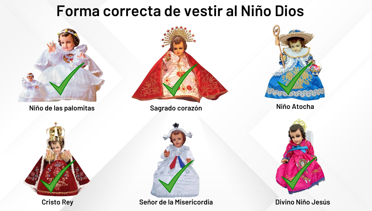 Se acostumbra vestir al Niño Dios con ropa blanca o de alguna advocación religiosa.