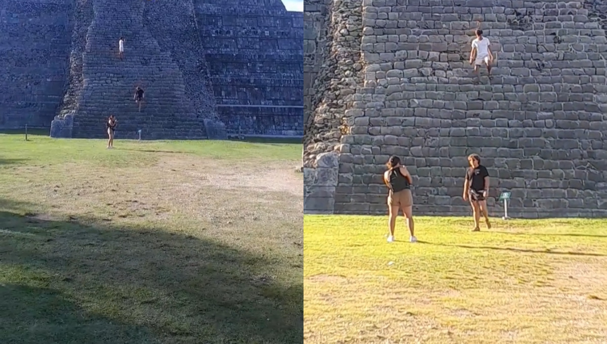 Captan a dos turistas descendiendo de la Pirámide de Chichén Itzá en Yucatán