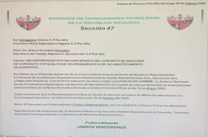 Petroleros denuncian corrupción en Pemex y exigen alimentación digna