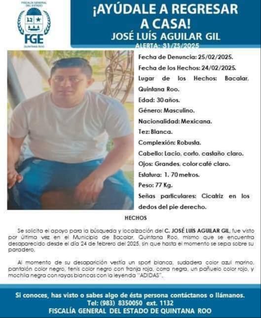 José Luis Aguilar Gil ha sido reportado como desaparecido.