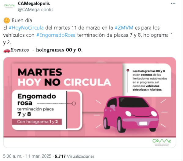 Te compartimos la información de los autos que no circulan este martes 11 de marzo