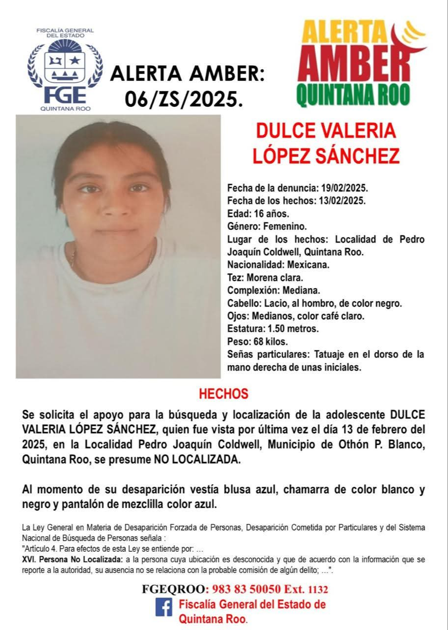 Dulce Valeria López Sánchez también fue recién reportada como desaparecida.