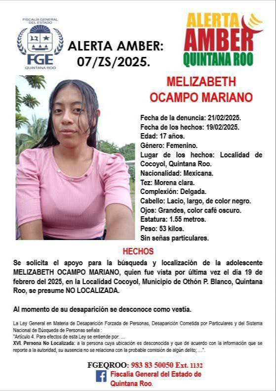 Melizabeth Ocampo Mariano fue recién reportada como desaparecida.