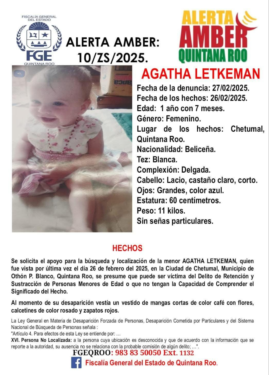 Se reportó la desaparición de una bebé de nombre Agatha  Letkeman.