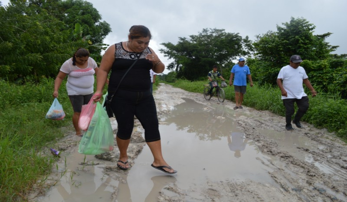 La brechas que conducen a los ranchos de las comunidades Caobas y Nicolás Bravo, están llenas de charcos y se ha deslavado su capa de terracería. Foto: Eric Castillo.