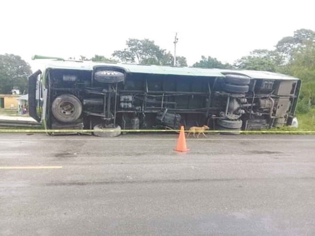 Vuelca autobús turístico sobre la carretera Escárcega-Chetumal