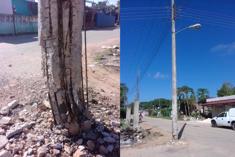 El poste dañado en la comunidad de San Ángel se sostiene sólo de la estructura de varillas y los cables que están sobre él