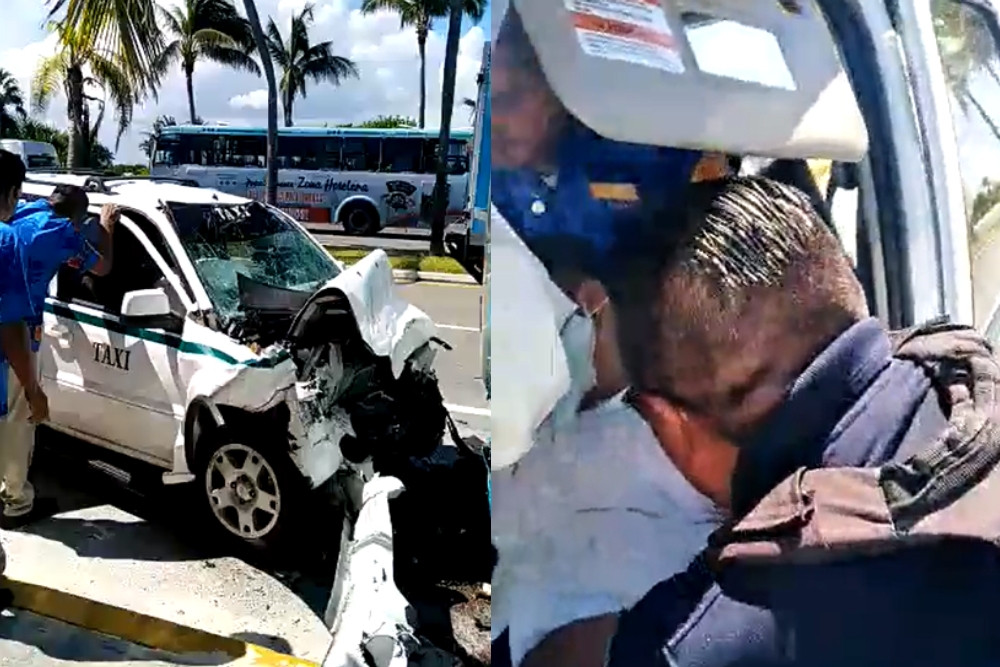 El taxista quedó dentro de la unidad luego de chocar contra un autobús de la Zona Hotelera de Cancún