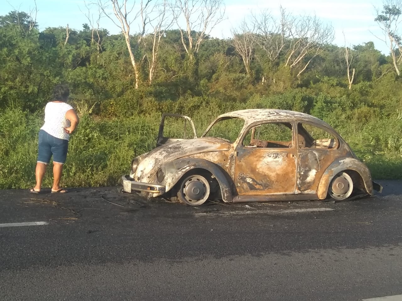 Vochito termina calcinado tras quemarse en la carretera Mérida-Cancún