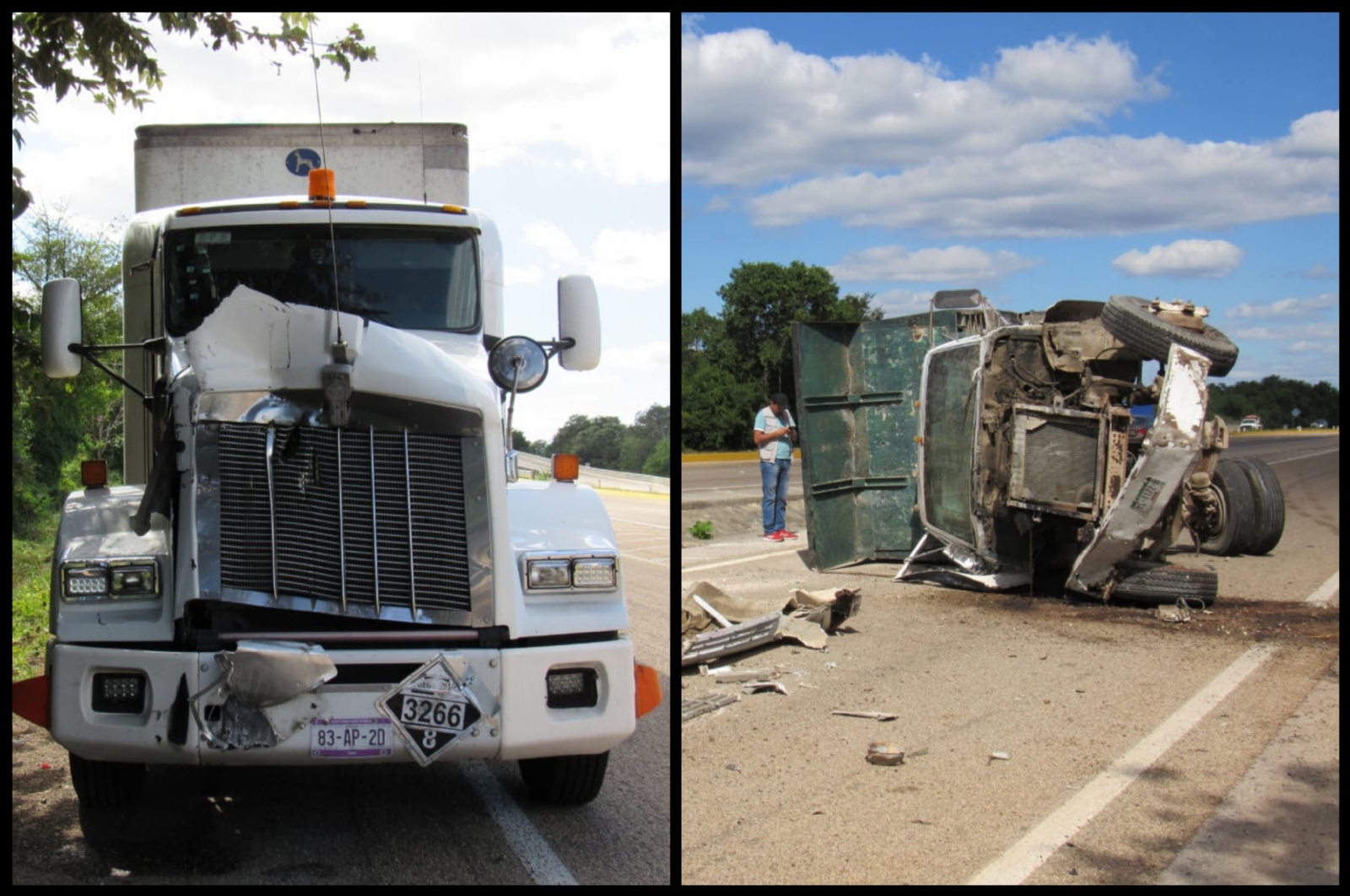 Un duelo de gigantes se registró sobre la carretera Mérida-Campeche, donde uno de ellos terminó volcado