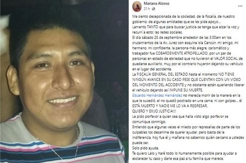 Amiga de hombre atropellado en Chetumal acusa a la FGE Q.Roo de inacción en el caso