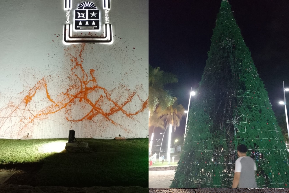 Vandalizan fachada e incendian árbol navideño del Congreso de Quintana Roo