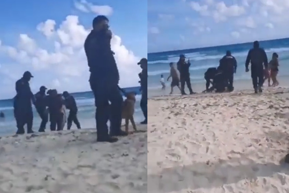 La grabación hecha por un bañista, muestra cómo policías de Cancún someten a un hombre a la orilla de la playa