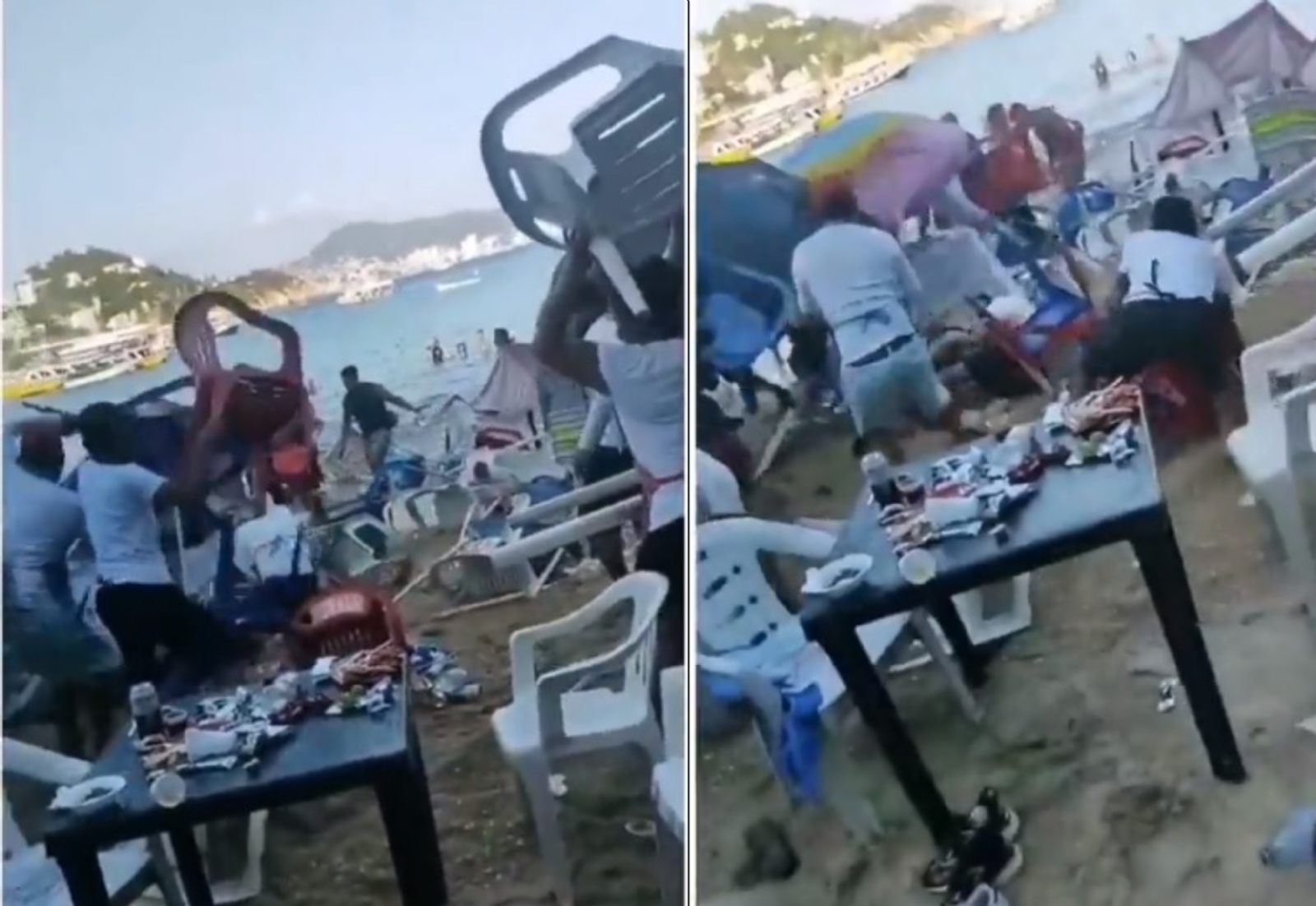 La sillas, sombrillas, vacos y cocos, volaron en la pelea campal a la orilla de la playa