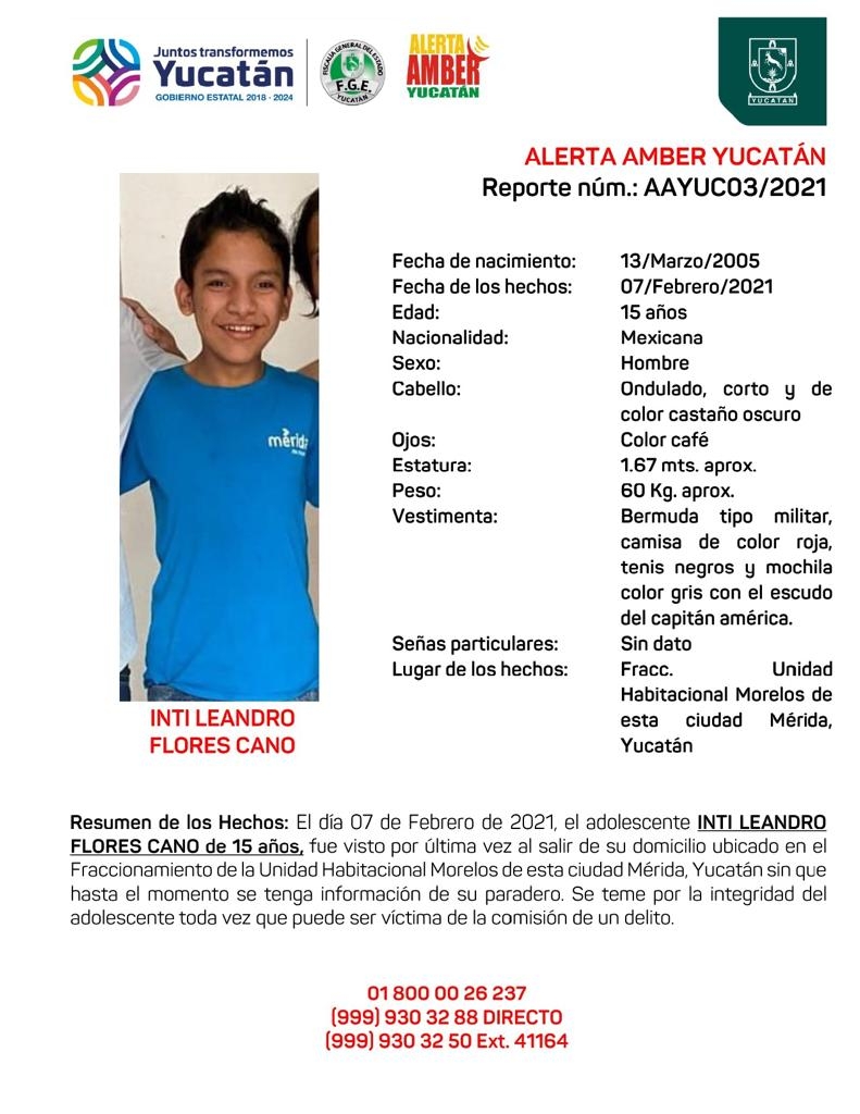 Alerta Amber: desaparece un joven de 15 años en Mérida