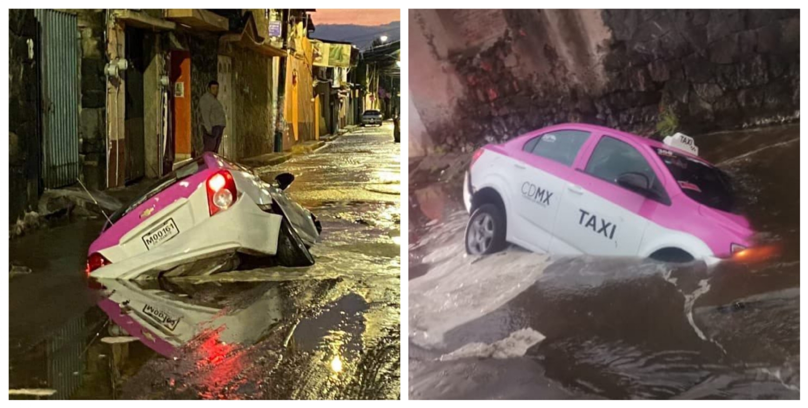 Socavón se ‘traga’ un taxi en Milpa Alta; conductor escapa por poco: VIDEO