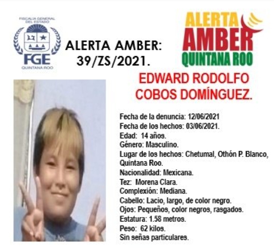 Activan Alerta Amber para localizar a Edward, desapreció en Chetumal