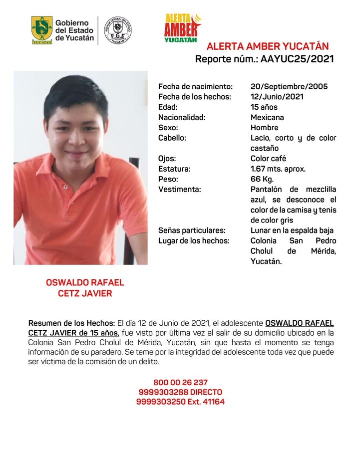 Activan Alerta Amber por desaparición de Oswaldo Rafael Cetz Javier en Mérida