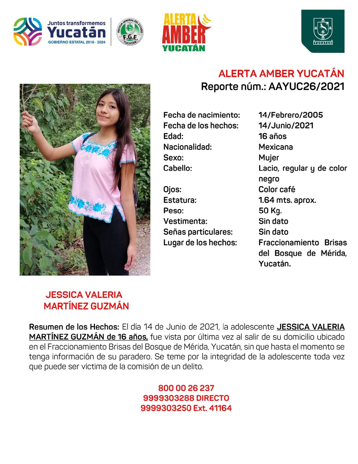 Alerta Amber por la joven Jessica Valeria Martínez Guzmán de 16 años