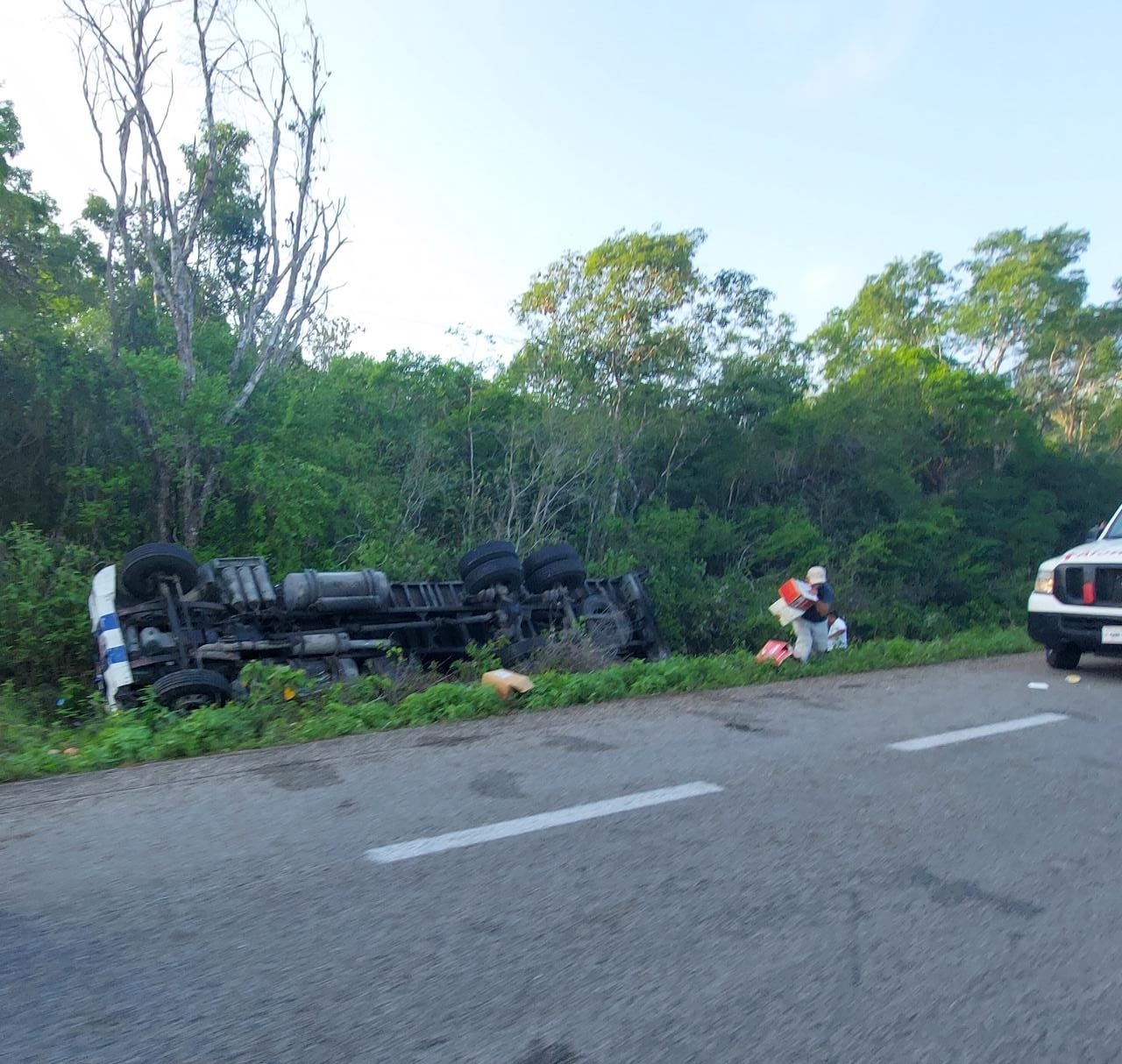 Tráiler vuelca en la carretera rumbo a Felipe Carrillo Puerto, Quintana Roo