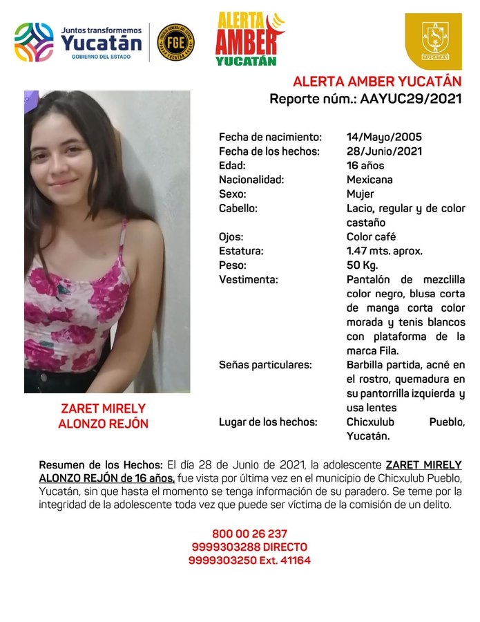 Alerta Amber por la joven Zaret Mirely Alonzo quien fue vista por última vez en Chicxulub Pueblo