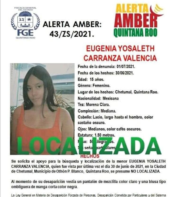 La Fiscalía General del Estado desactivó la Alerta Amber Eugenia Yosaleth