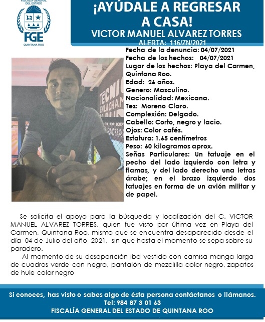 Reportan desaparición de Víctor Manuel Álvarez Torres en Playa del Carmen, Quintana Roo