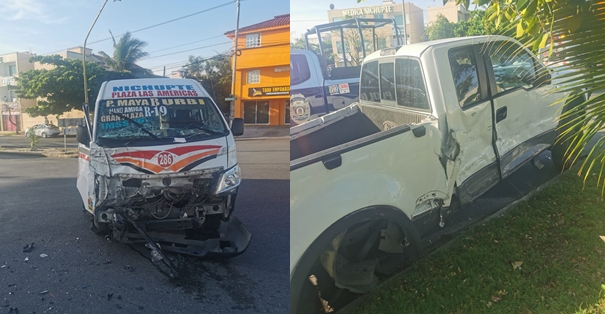 Camioneta se impacta contra combi de transporte público en Cancún