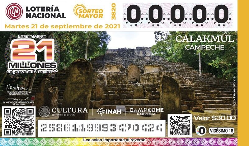 Lotería Nacional conmemora a la zona arqueológica de Calakmul en sus cachitos