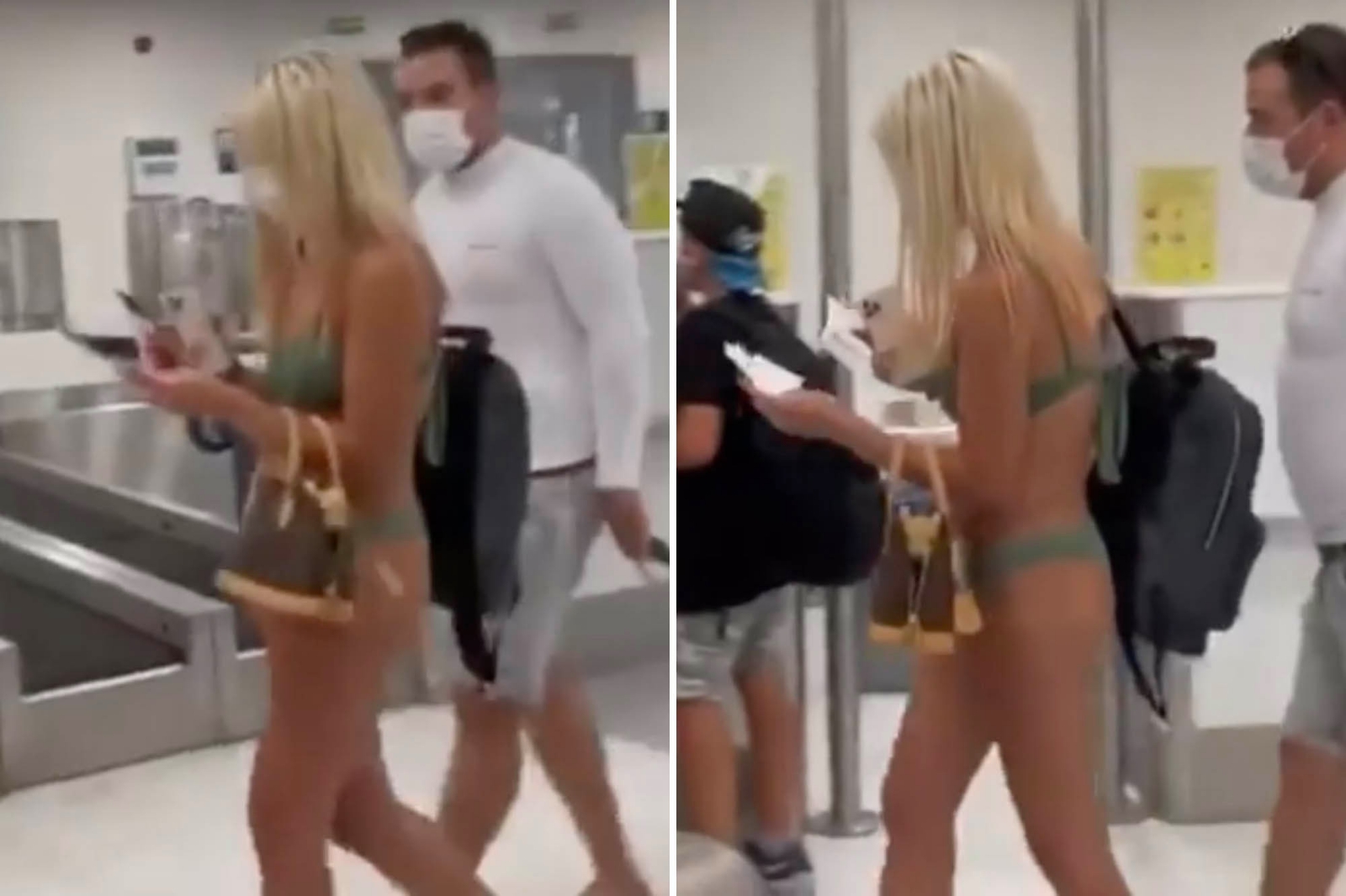 La joven caminaba tranquilamente por el aeropuerto en traje de baño