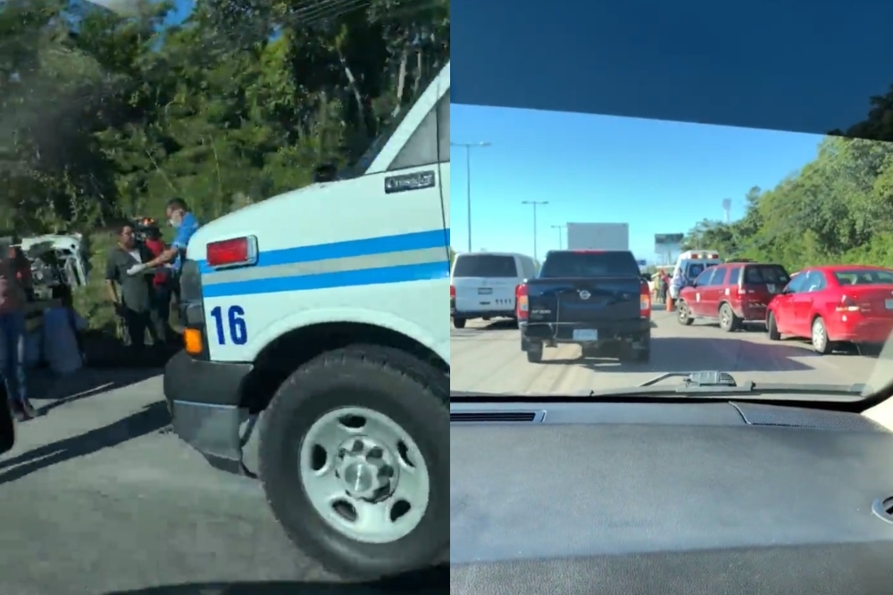 En la grabación hecha por un automovilista, se vió un vehículo blanco volcado entre la maleza en una de las laterales de la carretera Cancún-Puerto Morelos