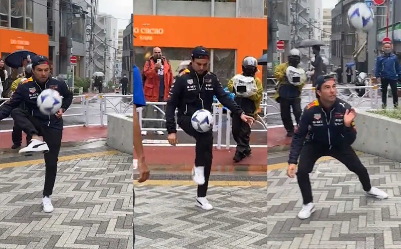 El piloto mexicano se puso a dominar el balón en las calles de Japón previo al Gran Premio