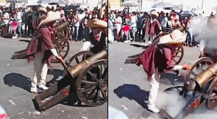 Los danzantes utilizan cañones para representar batallas históricas en el Carnaval de Huejotzingo. Foto: Especial