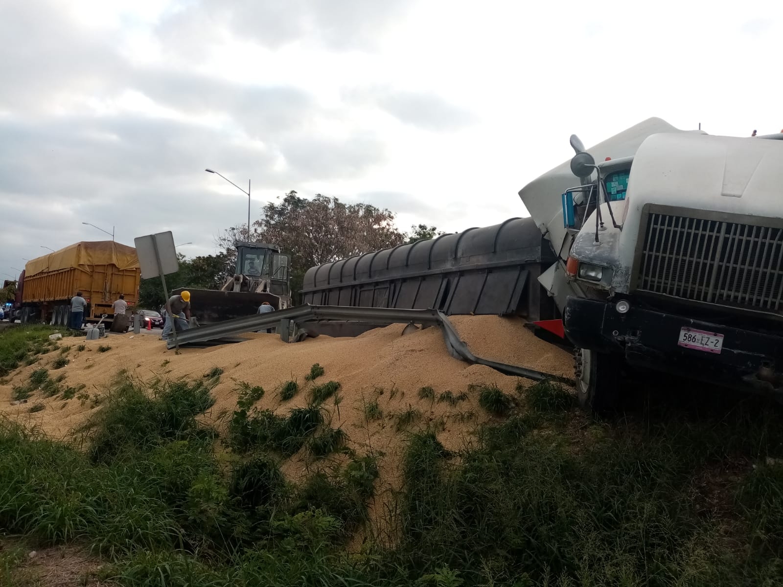 La pesada unidad quedó varada a un costado de la carretera con su carga tirada