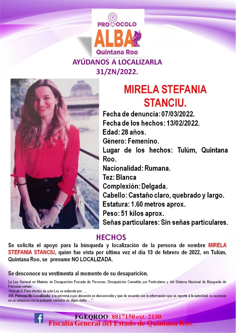 Desaparece  Mirela  Stefania Stanciu, rumana de 28 años en Tulum; Activan protocolo Alba