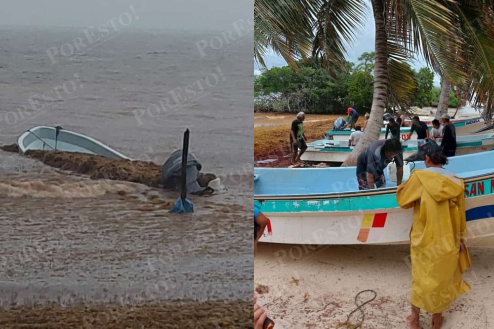 Oleaje fuerte cubre embarcaciones de sargazo en Carrillo Puerto