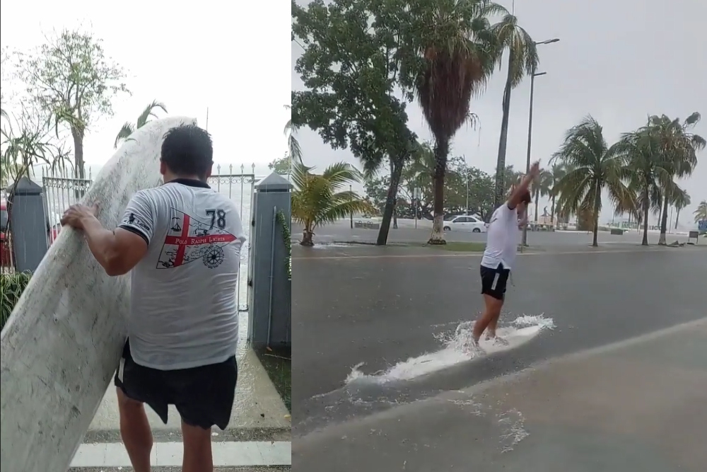 El joven aprovechó las inundaciones en el Boulevard Bahía de Chetumal para divertirse un rato y evidenciar las fallas en la remodelación de la vía