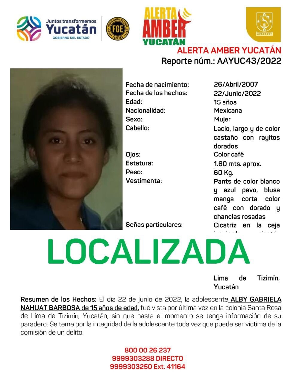 Una menor de 15 años que se encontraba desaparecido fue encontrada, así lo informó la FGE de Yucatán