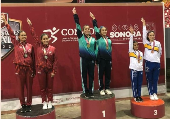 Las participantes de gimnasia de trampolin de Yucatán cerraron con triunfo los Juegos Nacionales Conade 2022. Foto: José Daniel Quintal Arjona