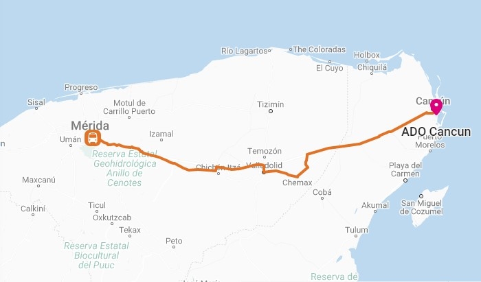 Este el mapa del recorrido de Mérida a Cancún en autobús. Foto: Especial