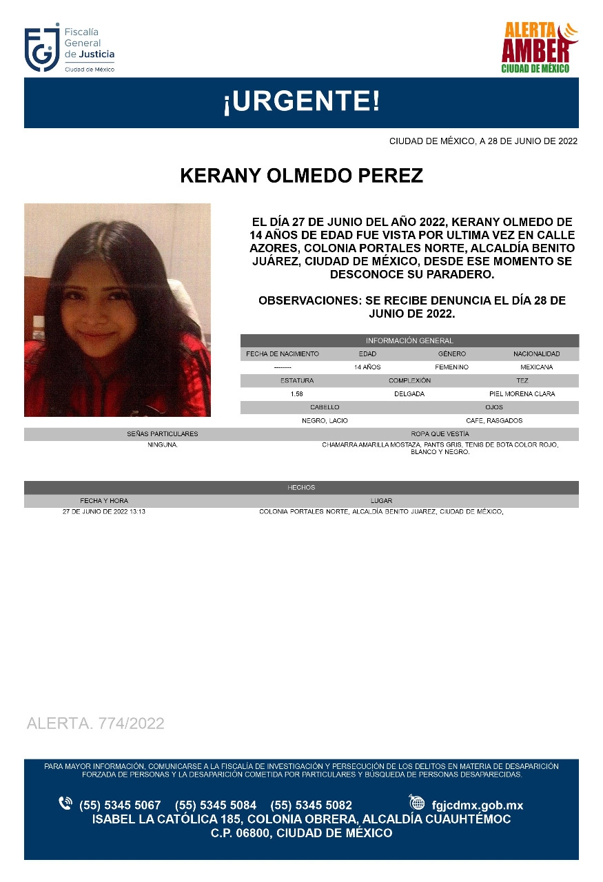 Kerany Olmedo Pérez tiene 14 años y lleva 8 días desaparecida. Foto: FGJ