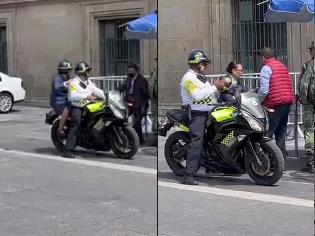 Rosa Icela Rodríguez bajó a prisa de la motocicleta en la que llegó a  para entrar rápidamente a Palacio Nacional