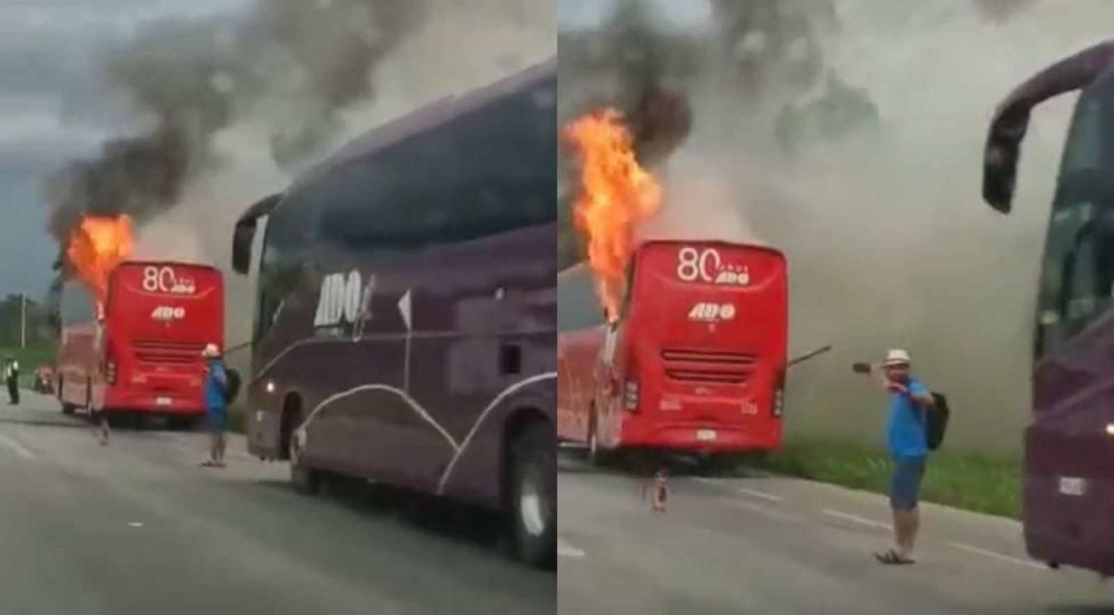 Se incendia autobús de ADO en la carretera Mérida-Cancún