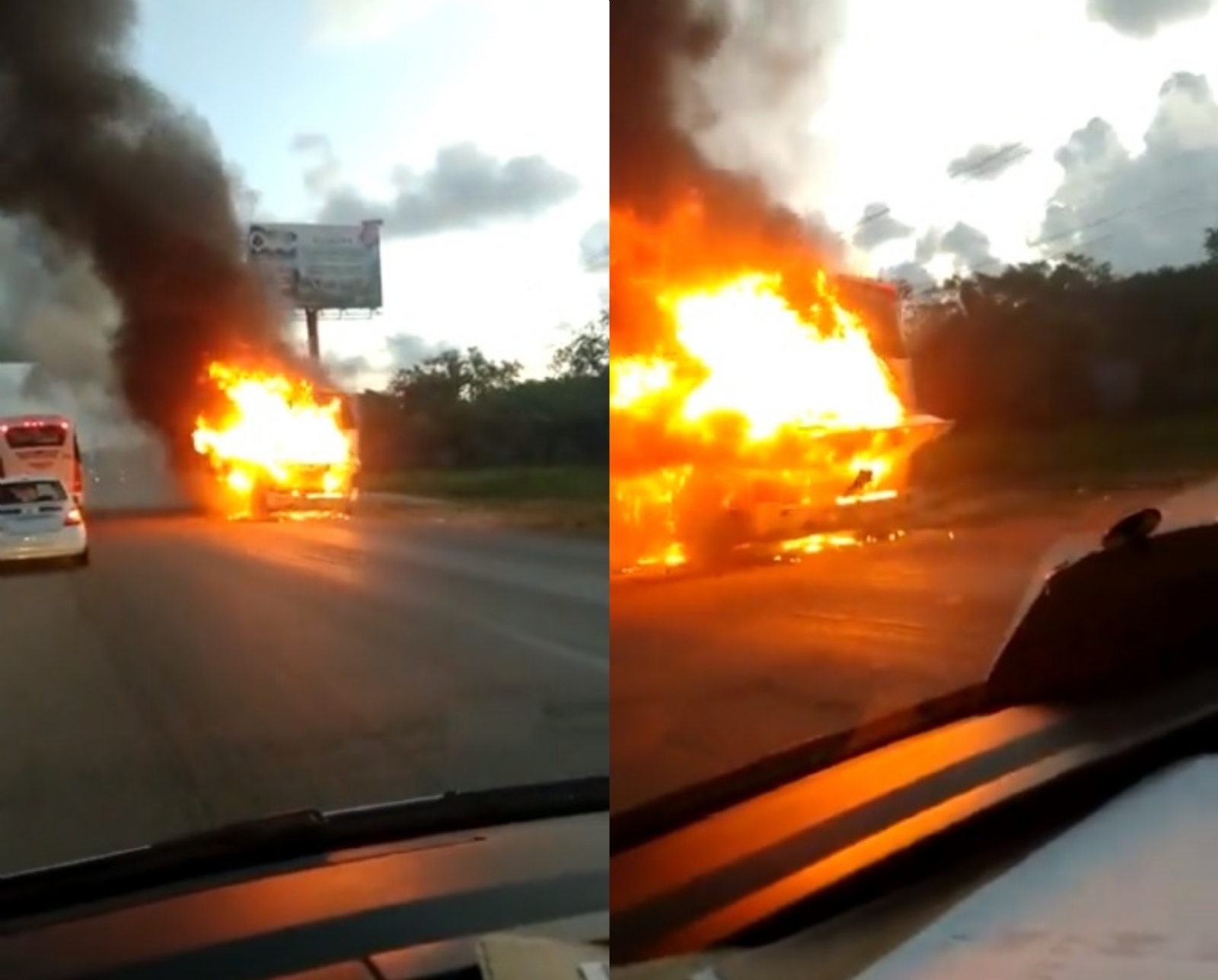 Se quema autobús sobre la carretera Cancún-Playa del Carmen: VIDEO