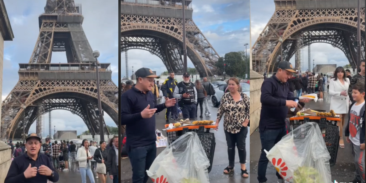 “Maíz, maíz, maíz”;  hombre se viraliza por vende elotes en la Torre Eiffel