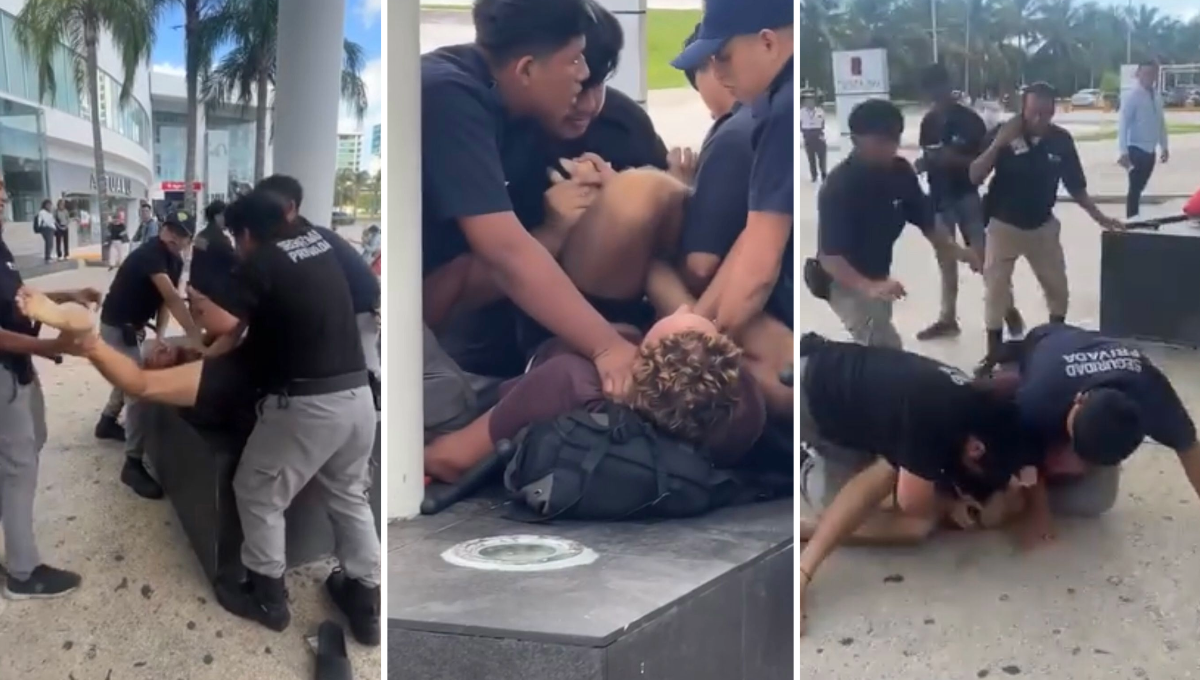 Exhiben a seguridad privada de Plaza las Américas Cancún por someter a un hombre: VIDEO